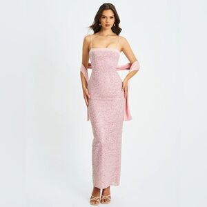 Raizel Pink Beaded Sequin Bodycon Gown with Scarf